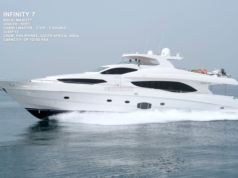 Majesty 101ft Yacht Rental With Jacuzzi (Dubai – 60 Guests Max) | AnchorsBook Photo Majesty 101ft Yacht Rental With Jacuzzi (Dubai – 60 Guests Max)
